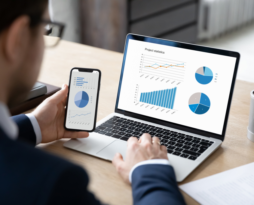 Business marketer using professional app for marketing data analyzing
